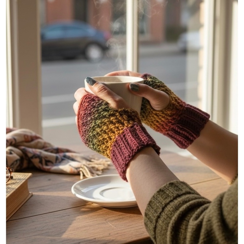 Handmade Multicolor Crochet Fingerless Gloves Women One Size Earth Tone Ombre